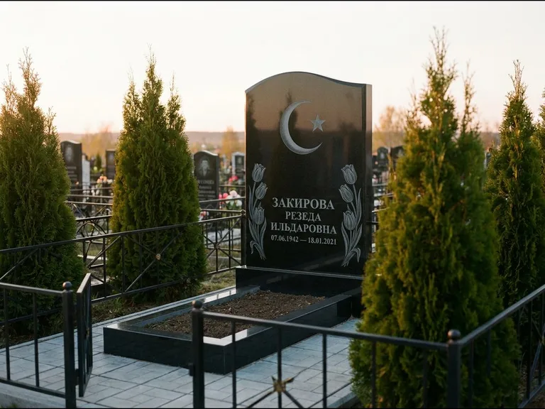 Памятник с гравировкой полумесяца — гравировка полумесяца со звездой и тюльпанами по бокам, работа «Закирова» в Тюмени