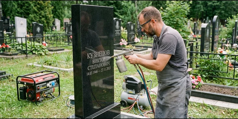 Гравировка на памятнике с выездом на кладбище в Тюмени — мастер гравирует установленный памятник