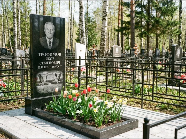 Памятник с гравировкой журавлей — гравировка пары журавлей над гладью озера в нижней части, работа «Трофимов» в Тюмени