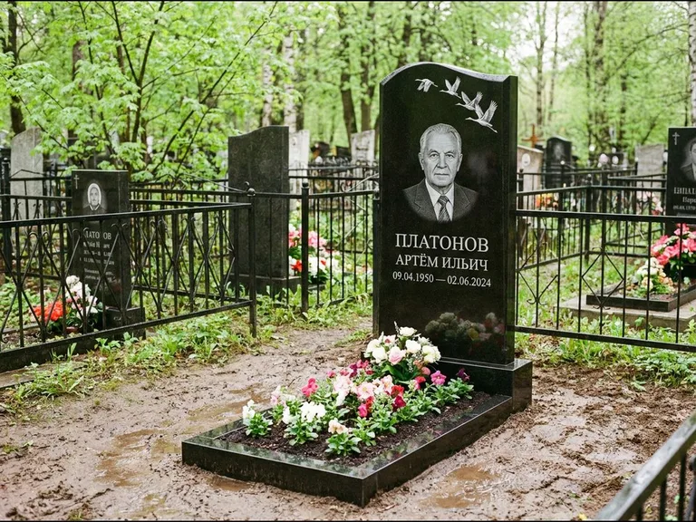 Памятник с гравировкой журавлей — белая гравировка клина журавлей, уходящего в верхний угол ст, работа «Платонов» в Тюмени