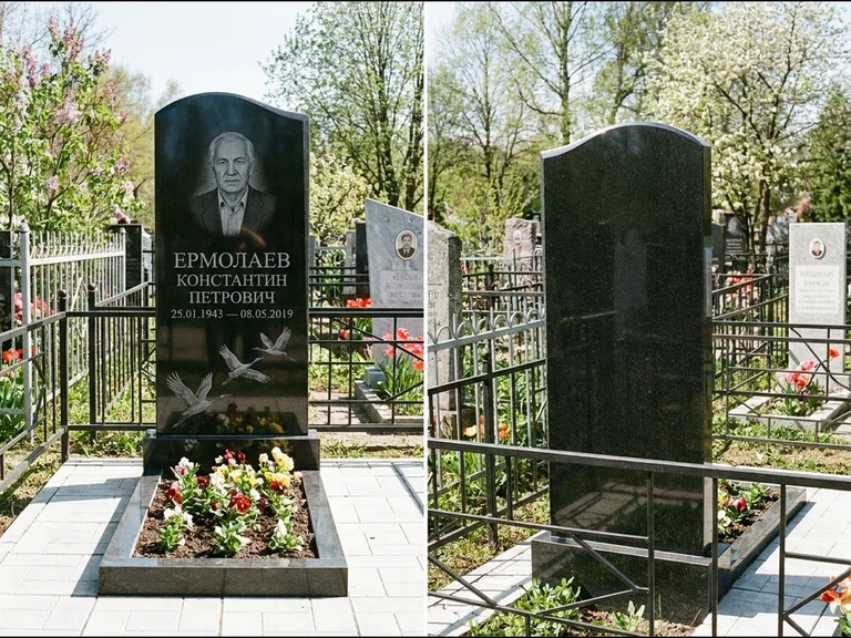 Памятник с гравировкой журавлей — гравировка трёх журавлей по диагонали через свободное поле с, работа «Ермолаев» в Тюмени