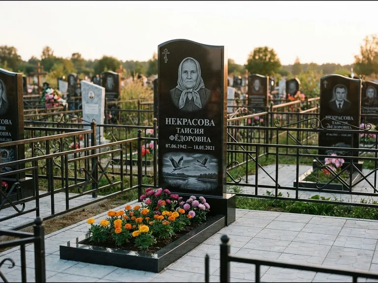 Памятник с гравировкой журавлей — гравировка пары журавлей над гладью озера в нижней части, работа «Некрасова» в Тюмени