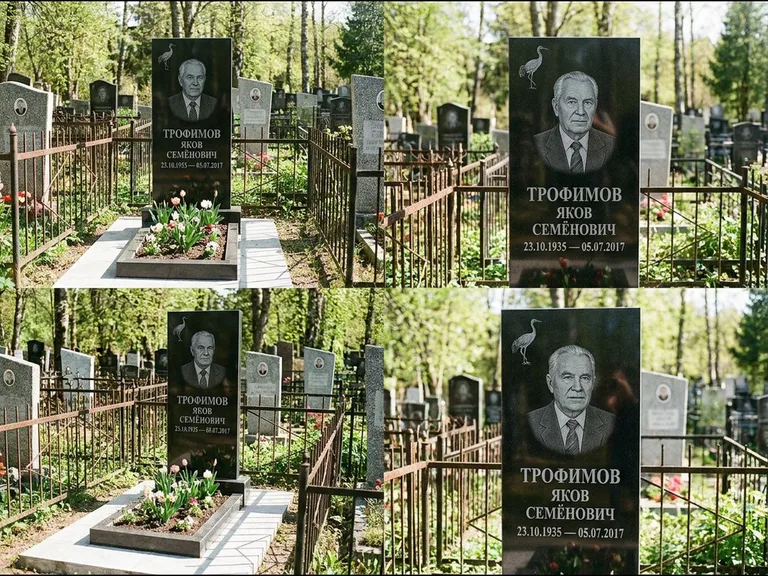 Памятник с гравировкой журавлей — гравировка одиночного летящего журавля над портретом, работа «Трофимов» в Тюмени
