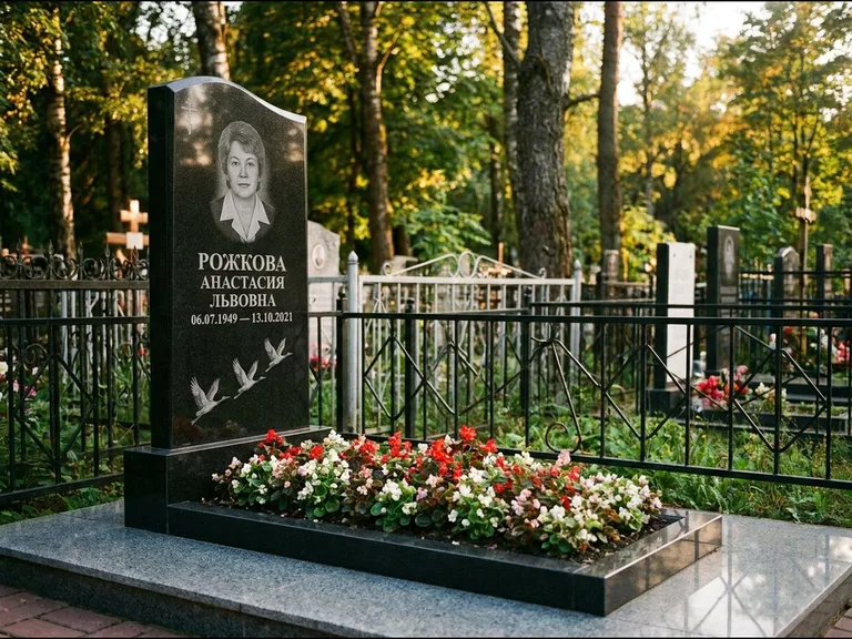 Памятник с гравировкой журавлей — гравировка трёх журавлей по диагонали через свободное поле с, работа «Рожкова» в Тюмени