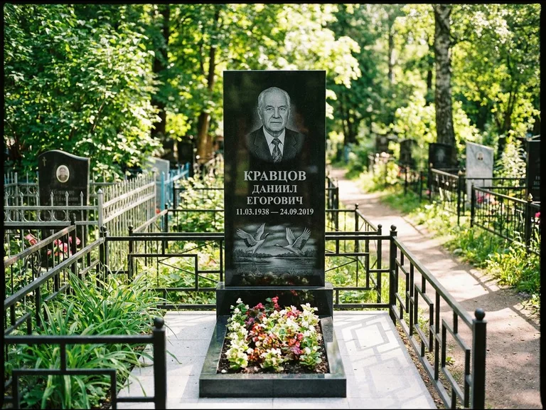Памятник с гравировкой журавлей — гравировка пары журавлей над гладью озера в нижней части, работа «Кравцов» в Тюмени