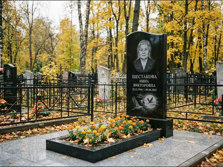 Памятник с гравировкой журавлей — гравировка клина журавлей на фоне солнечного диска, работа «Шестакова» в Тюмени