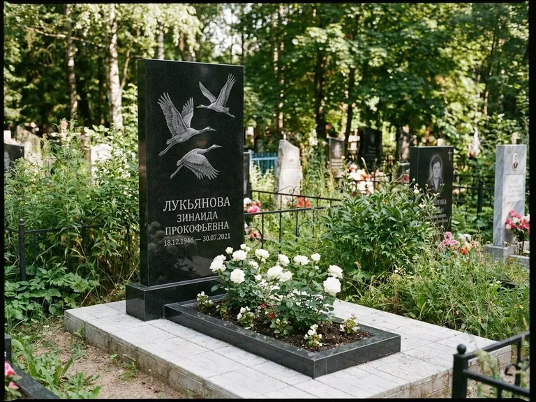 Памятник с гравировкой журавлей — гравировка журавлей, работа «Лукьянова» в Тюмени