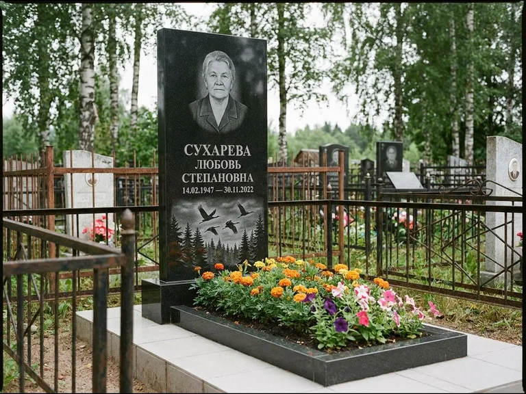 Памятник с гравировкой журавлей — гравировка силуэтов журавлей над еловым лесом, работа «Сухарева» в Тюмени