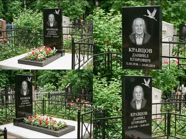 Памятник с гравировкой журавлей — белая гравировка клина журавлей, уходящего в верхний угол ст, работа «Кравцов» в Тюмени