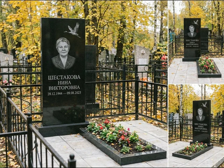 Памятник с гравировкой журавлей — гравировка одиночного летящего журавля над портретом, работа «Шестакова» в Тюмени