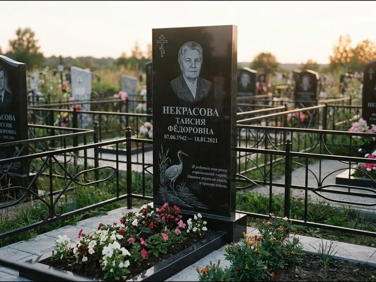 Памятник с гравировкой журавлей — гравировка журавля у камышей рядом с эпитафией, работа «Некрасова» в Тюмени