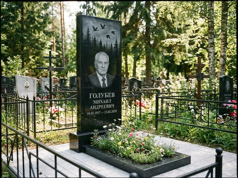 Памятник с гравировкой журавлей — гравировка силуэтов журавлей над еловым лесом, работа «Голубев» в Тюмени