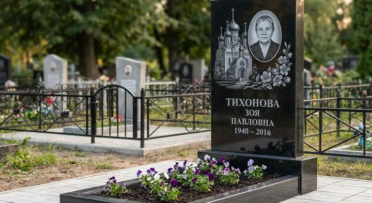Памятник с художественной гравировкой, Примеры памятников, установки и благоустройства от мастерской «Мастер Каменев» на кладбищах Новосибирска
