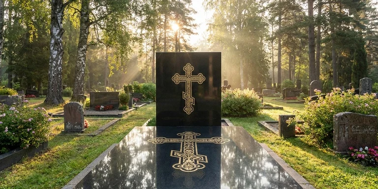 Гравировка креста на памятнике в Тюмени — православный восьмиконечный крест на граните