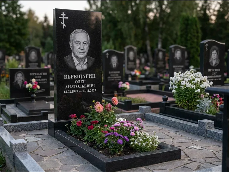 Памятник из чёрного гранита — горизонтальная плита-стела с православным восьмиконечным крестом, работа «Тихонов» в Тюмени