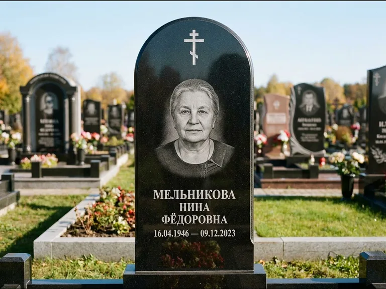 Памятник из чёрного гранита — стела с резным навершием с латинским крестом, работа «Савельева» в Тюмени