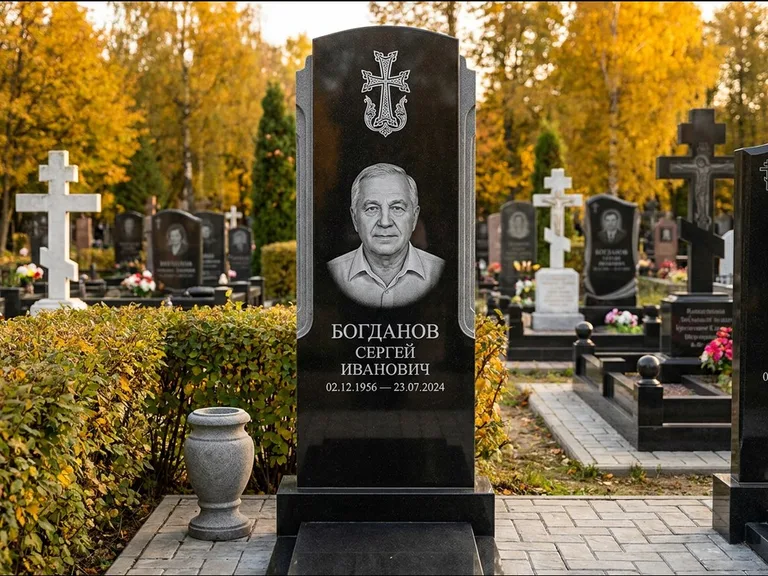 Памятник из чёрного гранита — круглая стела-медальон с армянским хачкаром, работа «Ковалёв» в Тюмени