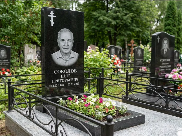 Памятник из чёрного гранита — стела с арочным верхом с православным восьмиконечным крестом, работа «Ковалёв» в Тюмени