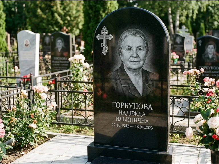 Памятник из чёрного гранита — стела с боковой колонной с крестом в лучах, работа «Мельникова» в Тюмени