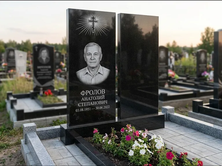 Памятник из чёрного гранита — стела на ступенчатом постаменте с золочёным крестом, работа «Богданов» в Тюмени
