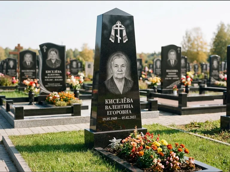 Памятник из чёрного гранита — стела со скошенным верхом с ажурным резным крестом, работа «Селезнёва» в Тюмени