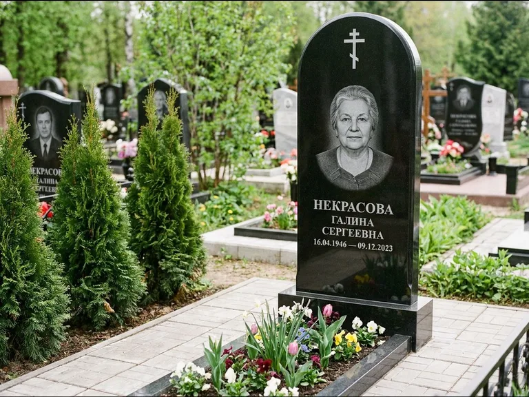 Памятник из чёрного гранита — стела с цветником-плитой с латинским крестом, работа «Лаврентьева» в Тюмени
