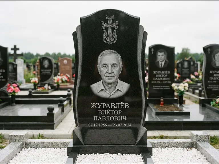 Памятник из чёрного гранита — панорамная стела с армянским хачкаром, работа «Тихонов» в Тюмени