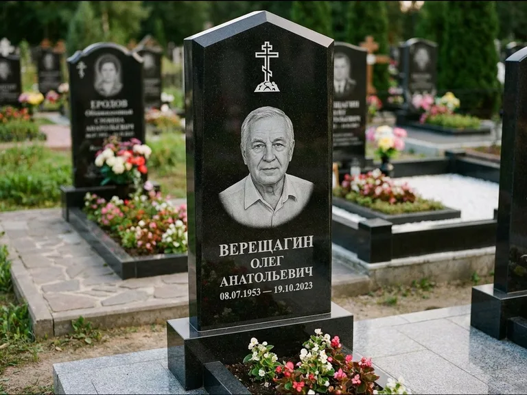 Памятник из чёрного гранита — обелиск-колонна с крестом на Голгофе, работа «Ковалёв» в Тюмени