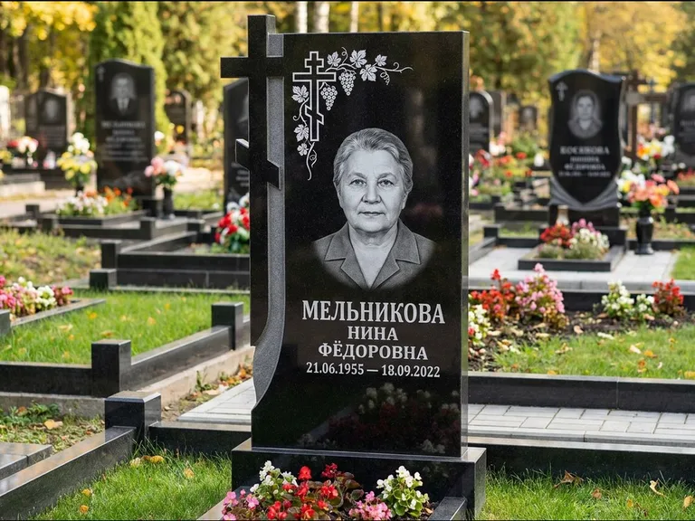 Памятник из чёрного гранита — стела с резной рамкой с крестом с распятием, работа «Некрасова» в Тюмени