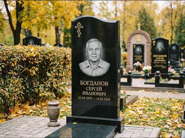 Памятник из чёрного гранита — стела с цветником с процветшим крестом с виноградной лозой, работа «Журавлёв» в Тюмени