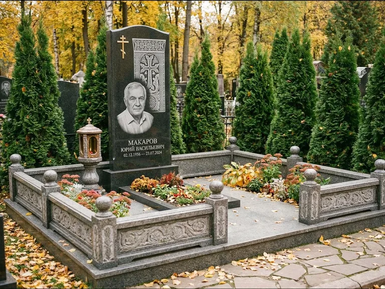 Памятник из чёрного гранита — стела с крестом и лампадой с армянским хачкаром, работа «Гущин» в Тюмени