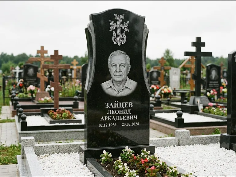 Памятник из чёрного гранита — семейная стела на двоих с армянским хачкаром, работа «Журавлёв» в Тюмени