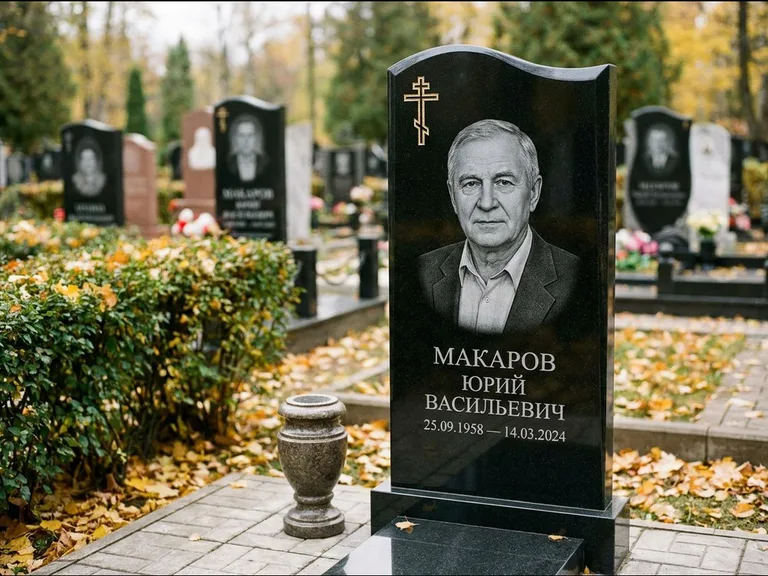 Памятник из чёрного гранита — фигурная стела с киот-нишей с процветшим крестом с виноградной лозой, работа «Богданов» в Тюмени