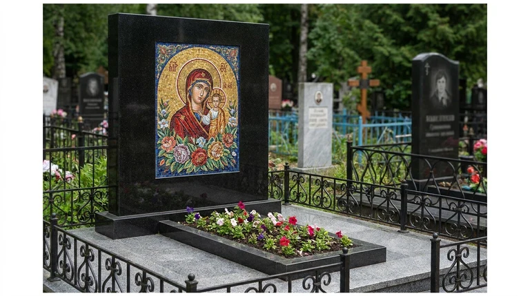 Мозаика на памятник в Тюмени — цветное панно из смальты на чёрной гранитной стеле