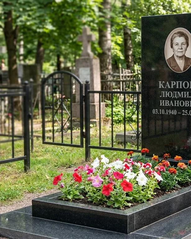 Памятник под ключ с низкой оградой и цветником в Тюмени
