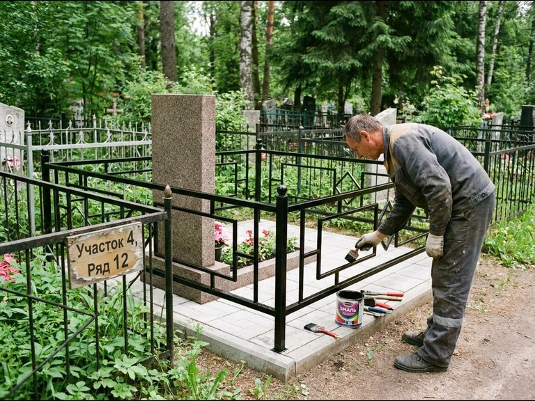 Покраска оградки на кладбище в Тюмени — мастер красит металлическую ограду на могиле чёрной эмалью