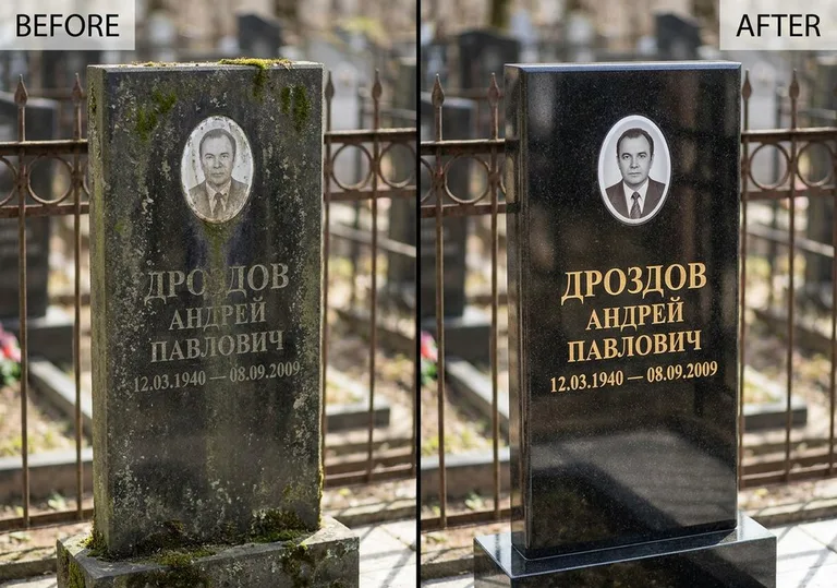 Чистка и полировка гранитного памятника: до и после в Тюмени