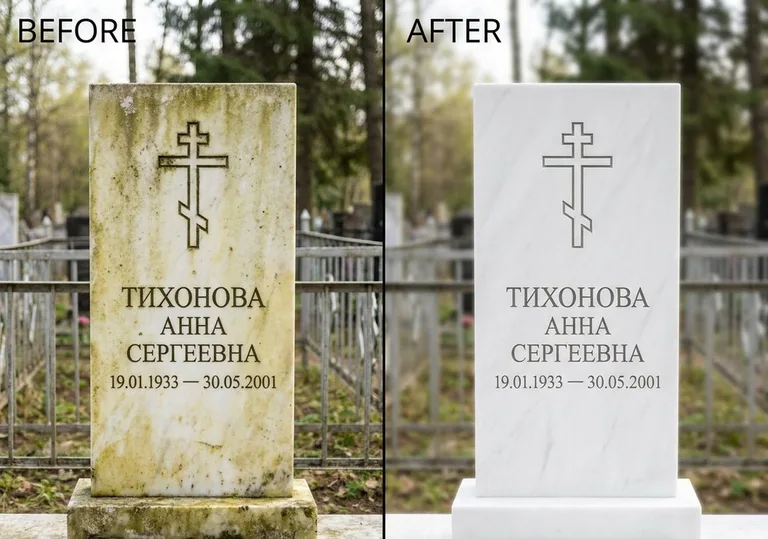 Восстановление мраморного надгробия от желтизны: до и после в Тюмени
