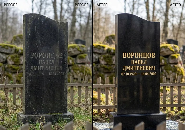 Золочение и обновление надписей на памятнике: до и после в Тюмени