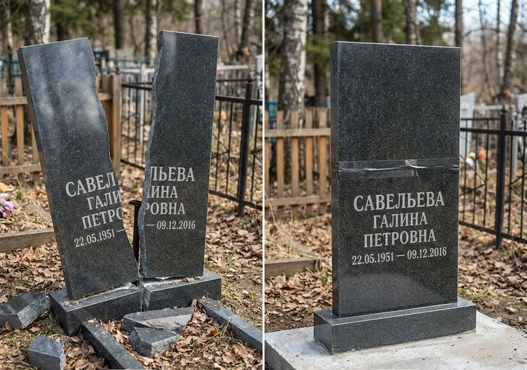 Склейка расколотого гранитного памятника: до и после в Тюмени