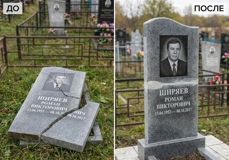 Обновление золочёных букв на граните: до и после в Тюмени
