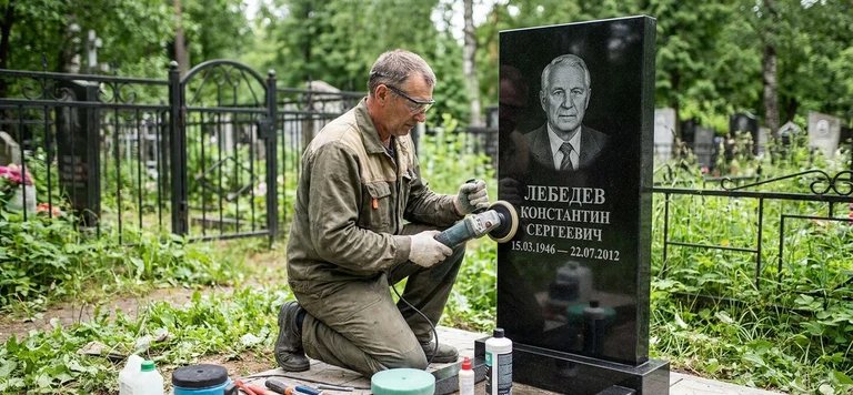 Реставрация памятника в Тюмени — восстановление гранита, заделка трещин и обновление надписей на кладбище