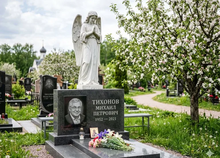 Мраморный молящийся ангел на гранитном памятнике весной в Тюмени