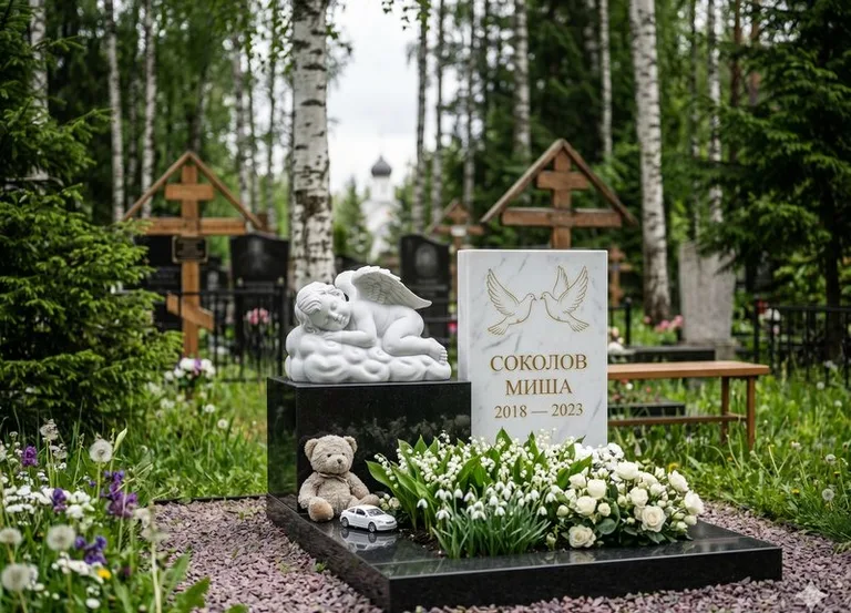 Белый ангелочек на детском памятнике в Тюмени
