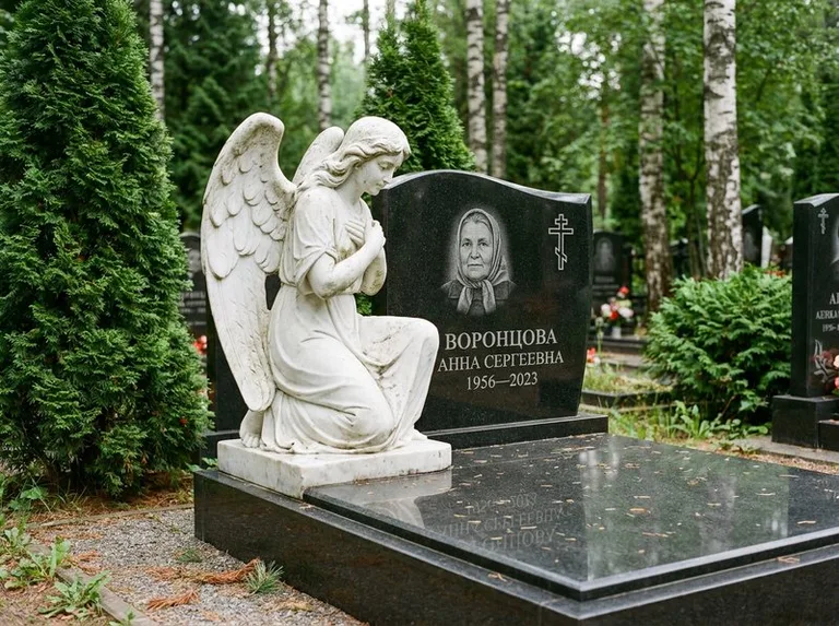 Белый мраморный ангел на гранитном памятнике в Тюмени