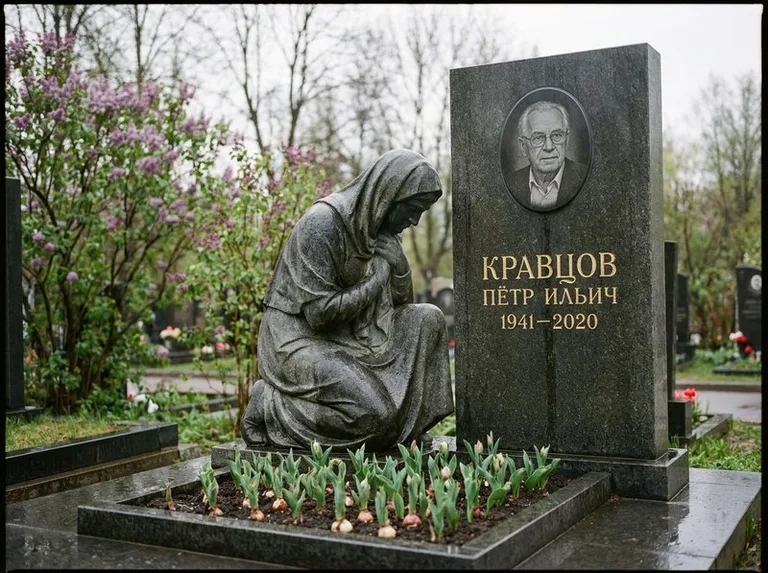 Гранитная скорбящая фигура у стелы на кладбище в Тюмени