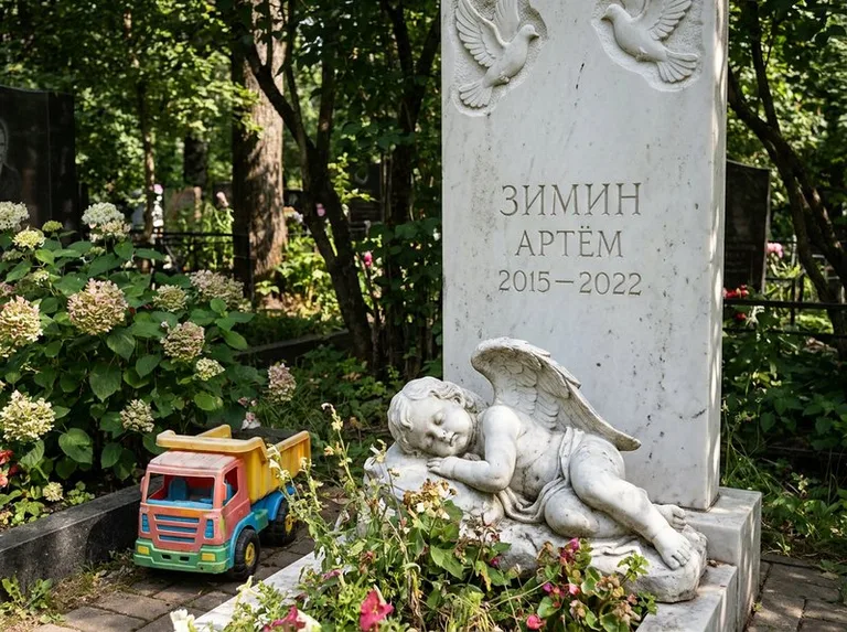Спящий ангелочек на детском памятнике в Тюмени