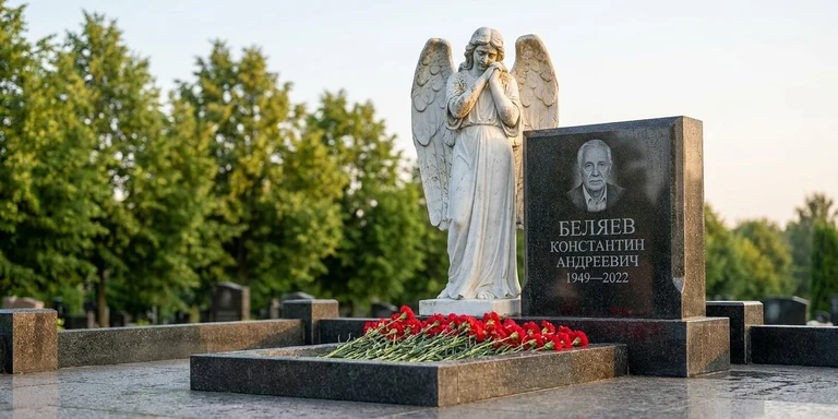 Скульптура на памятник в Тюмени — мраморный ангел на гранитном мемориале