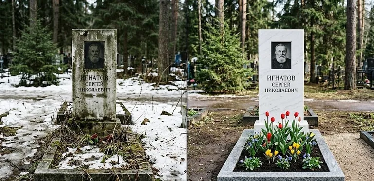 Диптих №6: высадка хризантем у подножия серого гранита — до и после уборки в Тюмени
