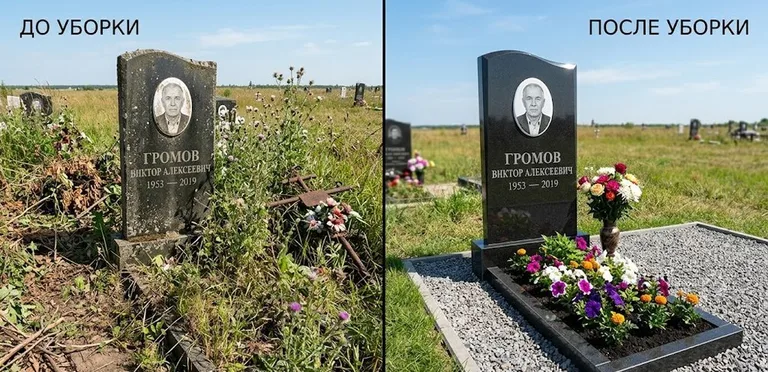 Уборка участка с обелиском до и после в Тюмени